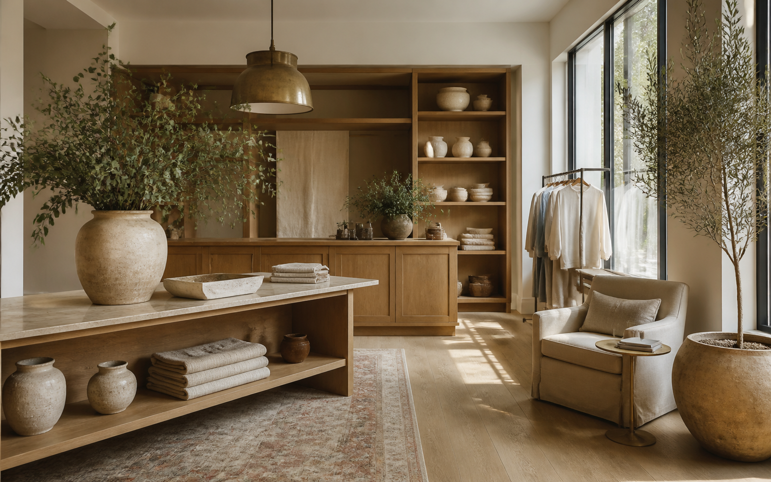 Southern Oak concept featuring natural oak, warm neutral decor, and subtle greenery